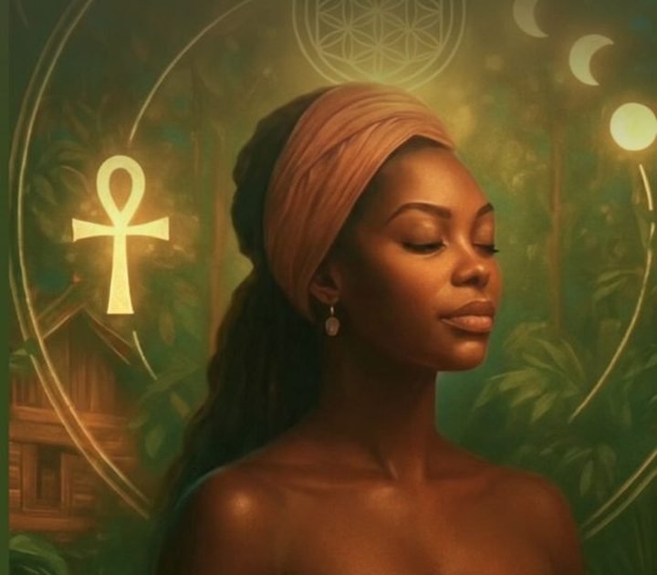 Visuel Renais'Sens : une femme de profil, les yeux clos, entourée d'une ankh et des phases de la lune
