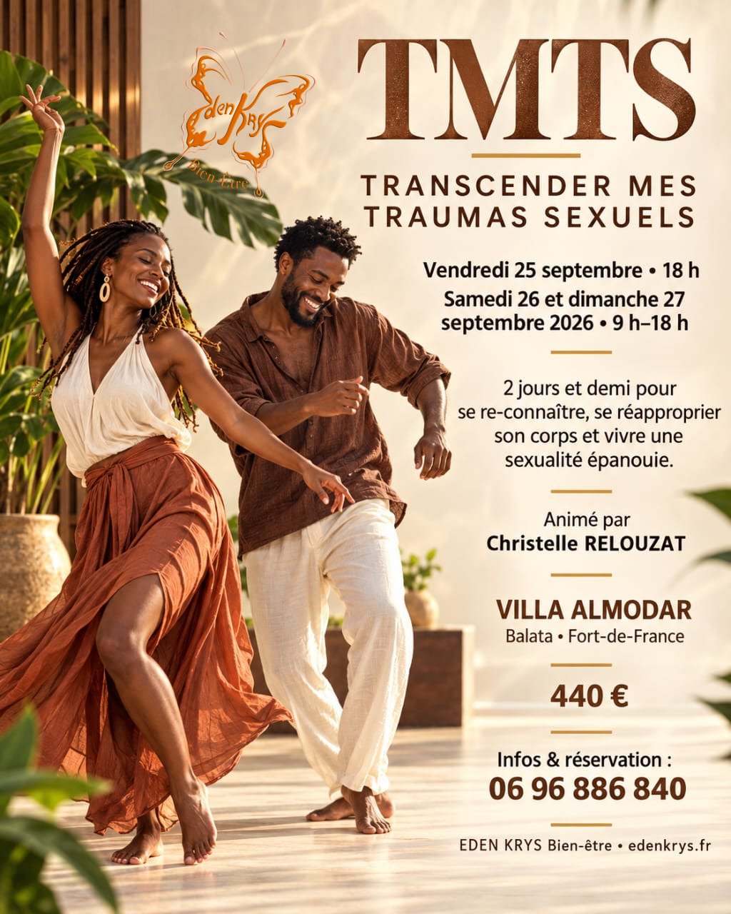 Affiche de l'atelier TMTS, Transcender Mes Traumas Sexuels, les 25, 26 et 27 septembre 2026 à la Villa Almodar de Balata, Fort-de-France